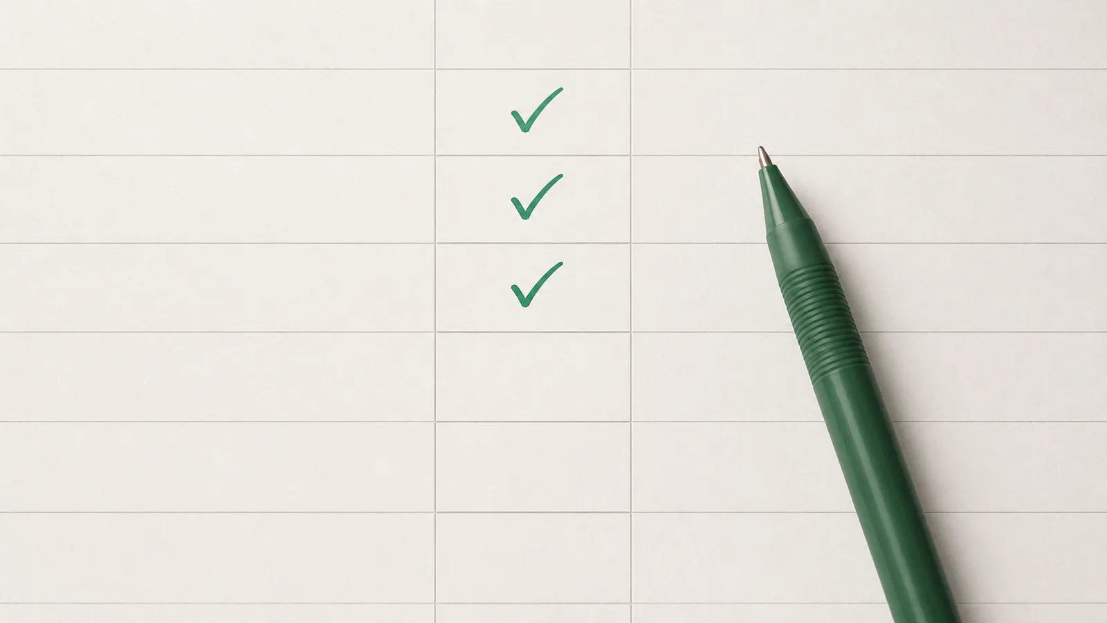 A column of spreadsheet cells with the top three marked with hand-drawn green check marks and the cells below left empty, a green pen resting alongside.
