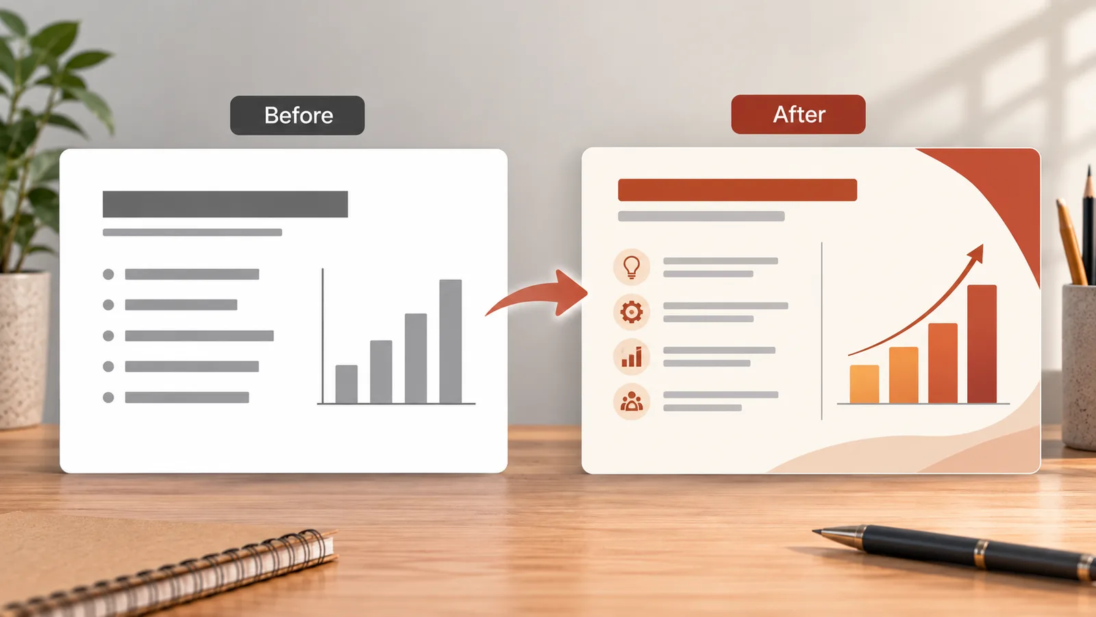 A wireframe PowerPoint slide with plain text boxes on the left and a styled, colourful version of the same slide on the right, showing the gap between ChatGPT's plain output and a designed deck.