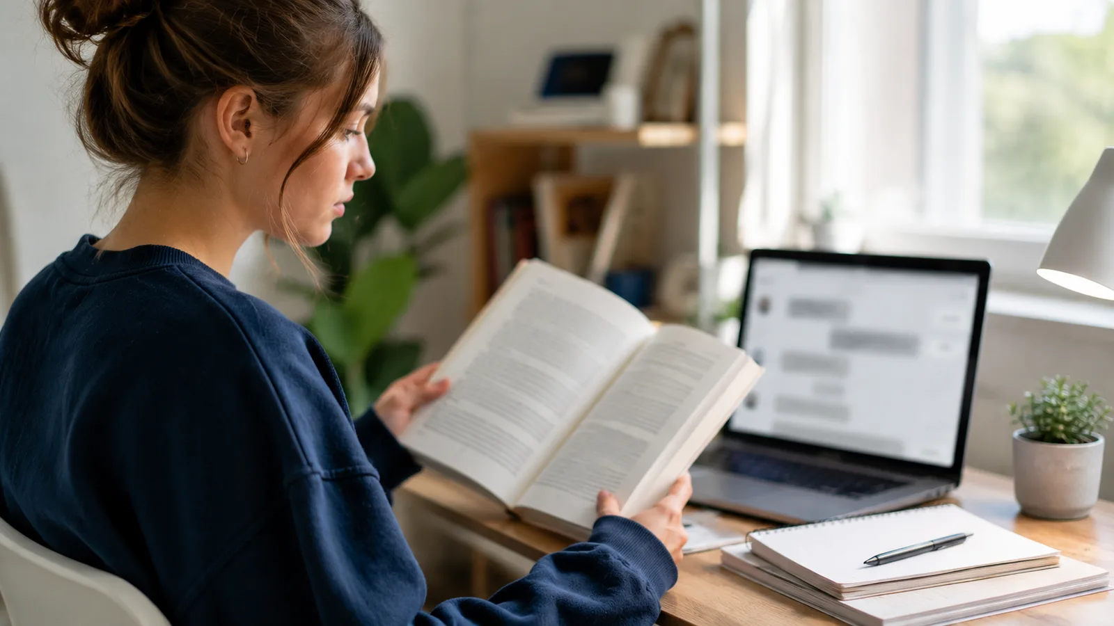 A student comparing a ChatGPT answer on screen against an open textbook and lecture notes on the desk