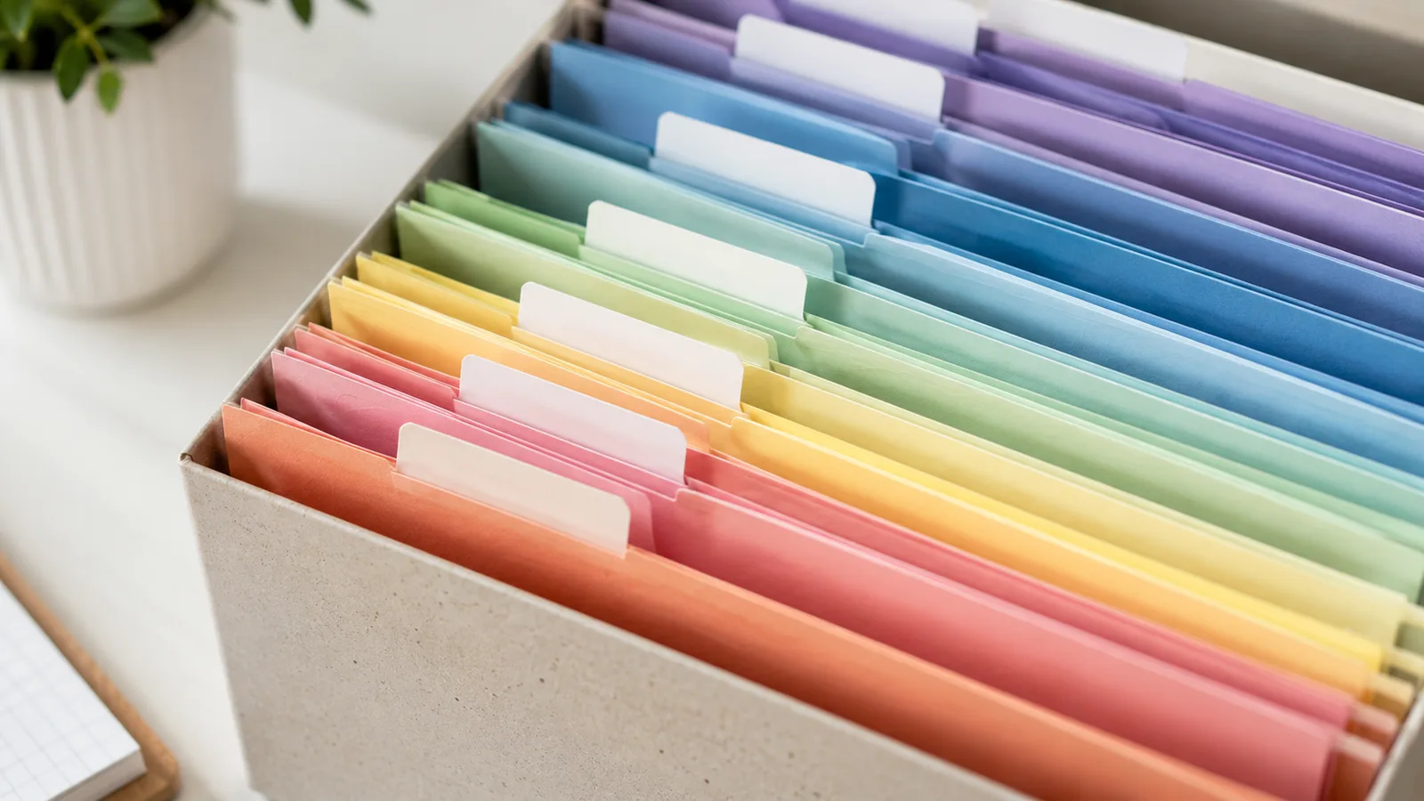 Rainbow color-coded file folders with labeled tabs neatly organized in a desktop tray beside a small potted plant