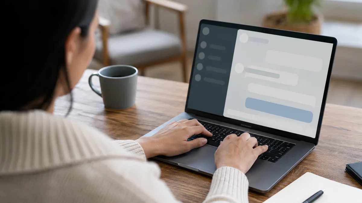 A person at a laptop refining a chat conversation, a notebook and coffee cup on the desk beside them