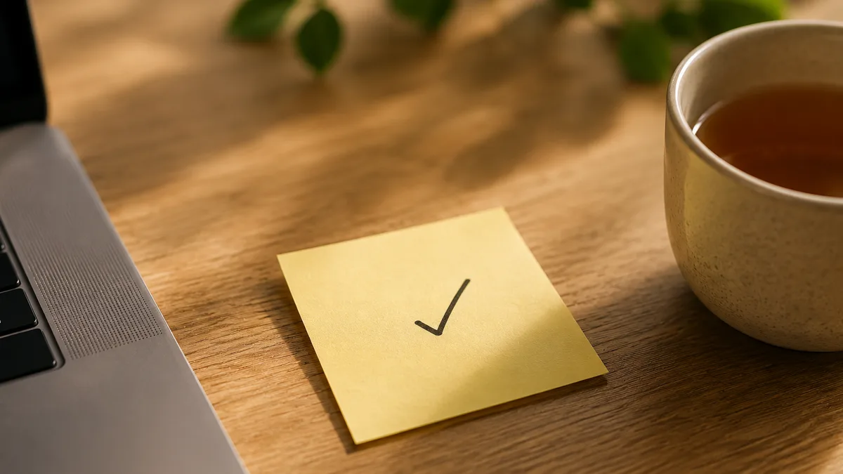 A calm tidy desk with a laptop showing a short checklist, a glass of water, a plant, and a single sticky note