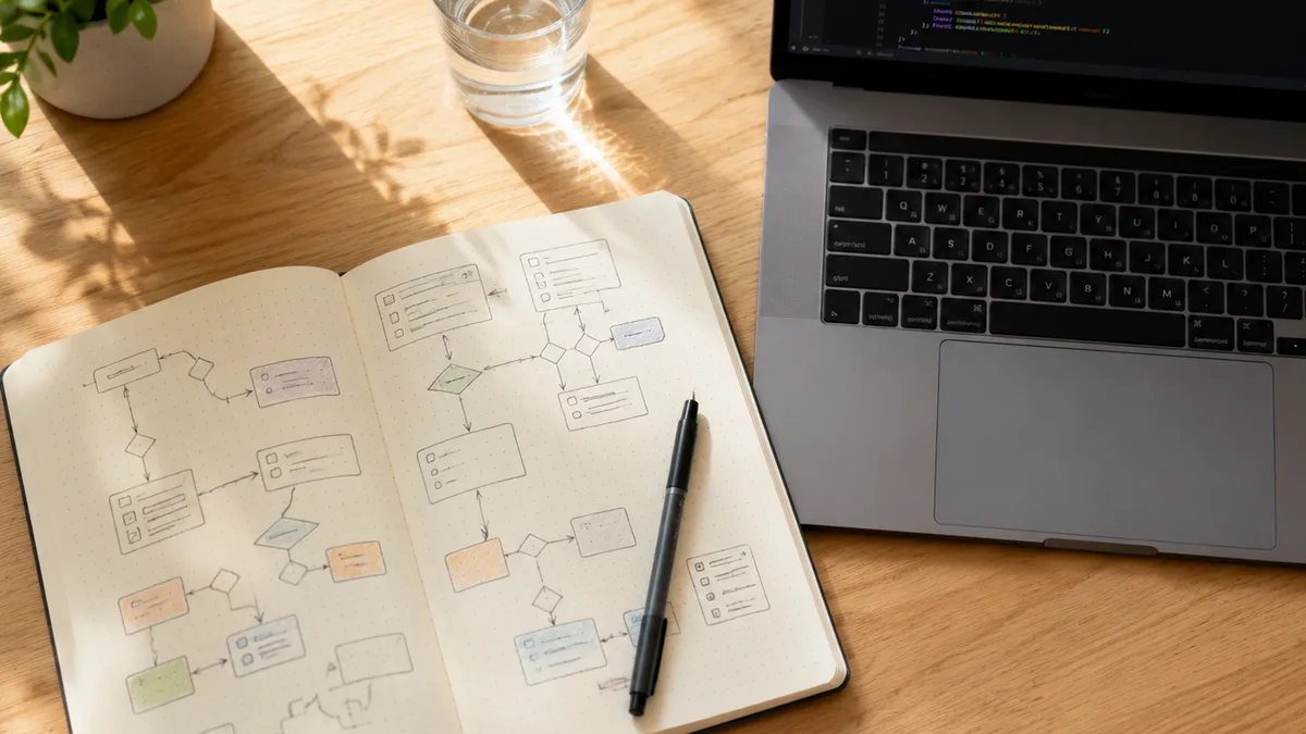 A beginner's notebook with hand-drawn boxes-and-arrows diagrams next to a laptop showing colorful code, seen from above