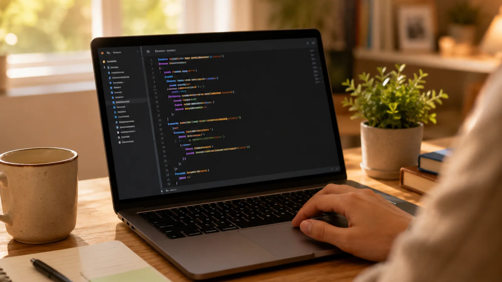 A warm home desk with an open laptop showing colorful simple code, a hand near the trackpad, a mug and a plant beside it.