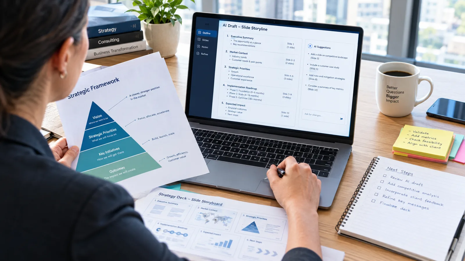 A consultant at a laptop structuring a client strategy deck with a chat assistant, a printed framework diagram and sticky notes on the desk in a bright office