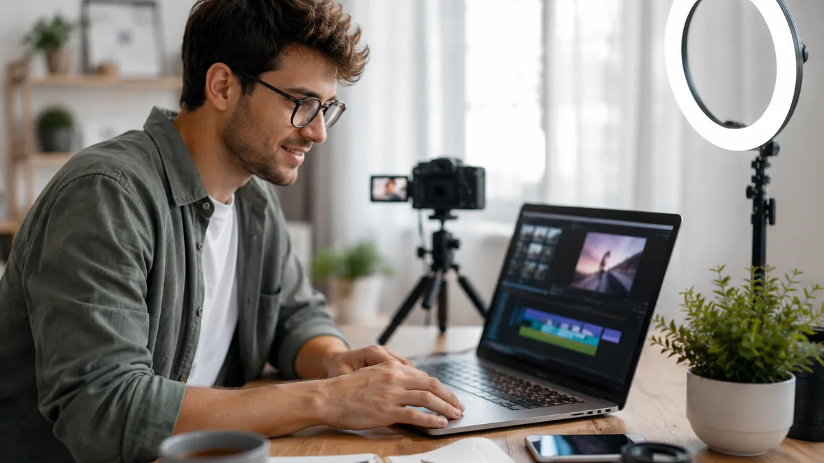 A content creator reviewing footage on a laptop with a camera and ring light on the desk