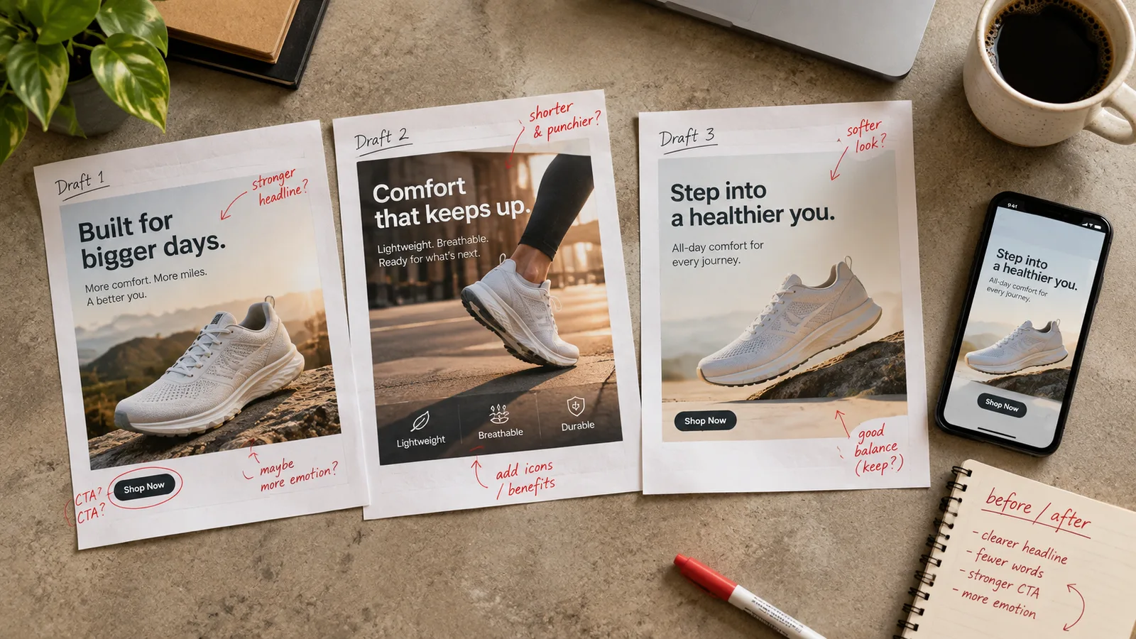 A copywriter at a laptop reviewing AI-drafted headline variations, with a landing page wireframe and an ad mockup on the desk in a bright studio