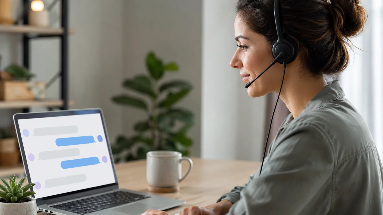 A support agent at a desk with a headset and a laptop showing a chat conversation, calm and focused.