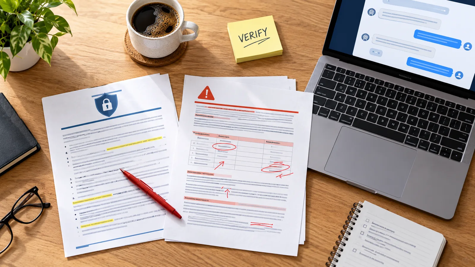 A marked-up security policy and incident report on a desk beside a laptop showing a chat assistant, with a sticky note reading verify