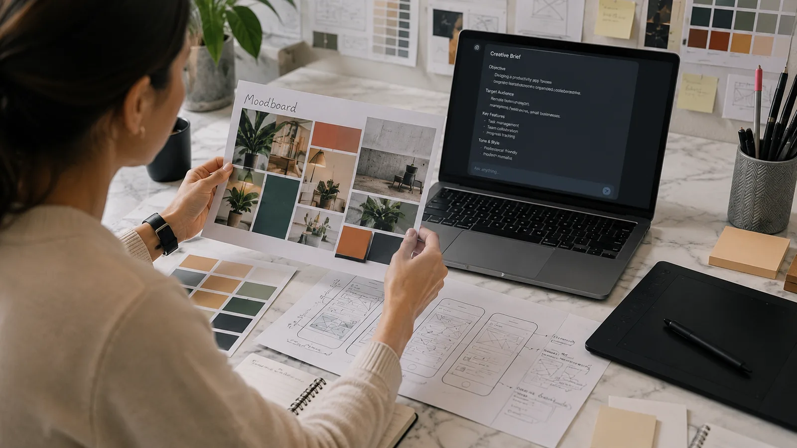 A designer at a laptop reviewing an AI-drafted creative brief beside a moodboard, colour swatches, and wireframe sketches on a bright studio desk