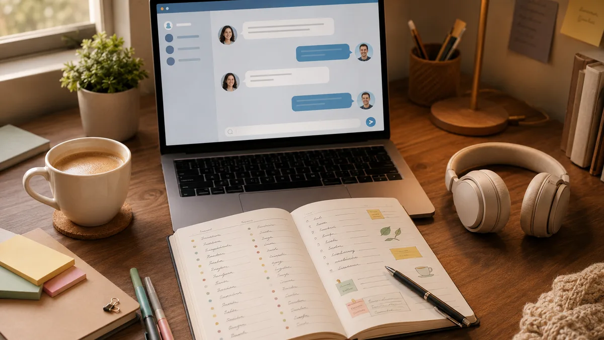 A laptop showing a friendly English-practice chat beside an open notebook with vocabulary and a cup of coffee