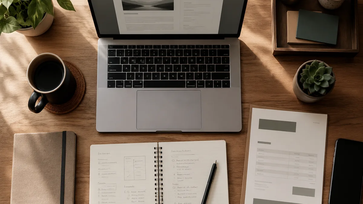 A freelancer's desk with a laptop showing a client proposal, a notebook, an invoice, and a coffee