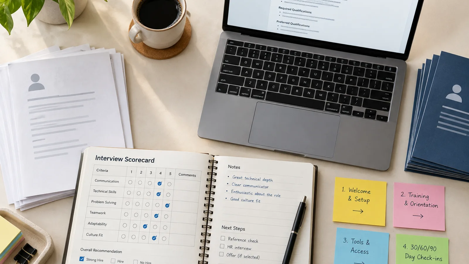 An HR professional at a laptop reviewing an AI-drafted job description, with an onboarding checklist and a printed interview scorecard on the desk in a bright office