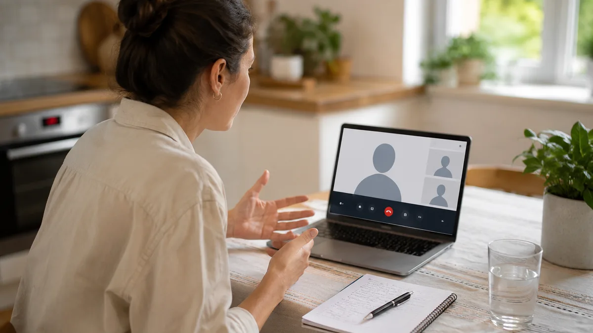 A person at a kitchen table practising for an interview with a laptop and a notepad of questions