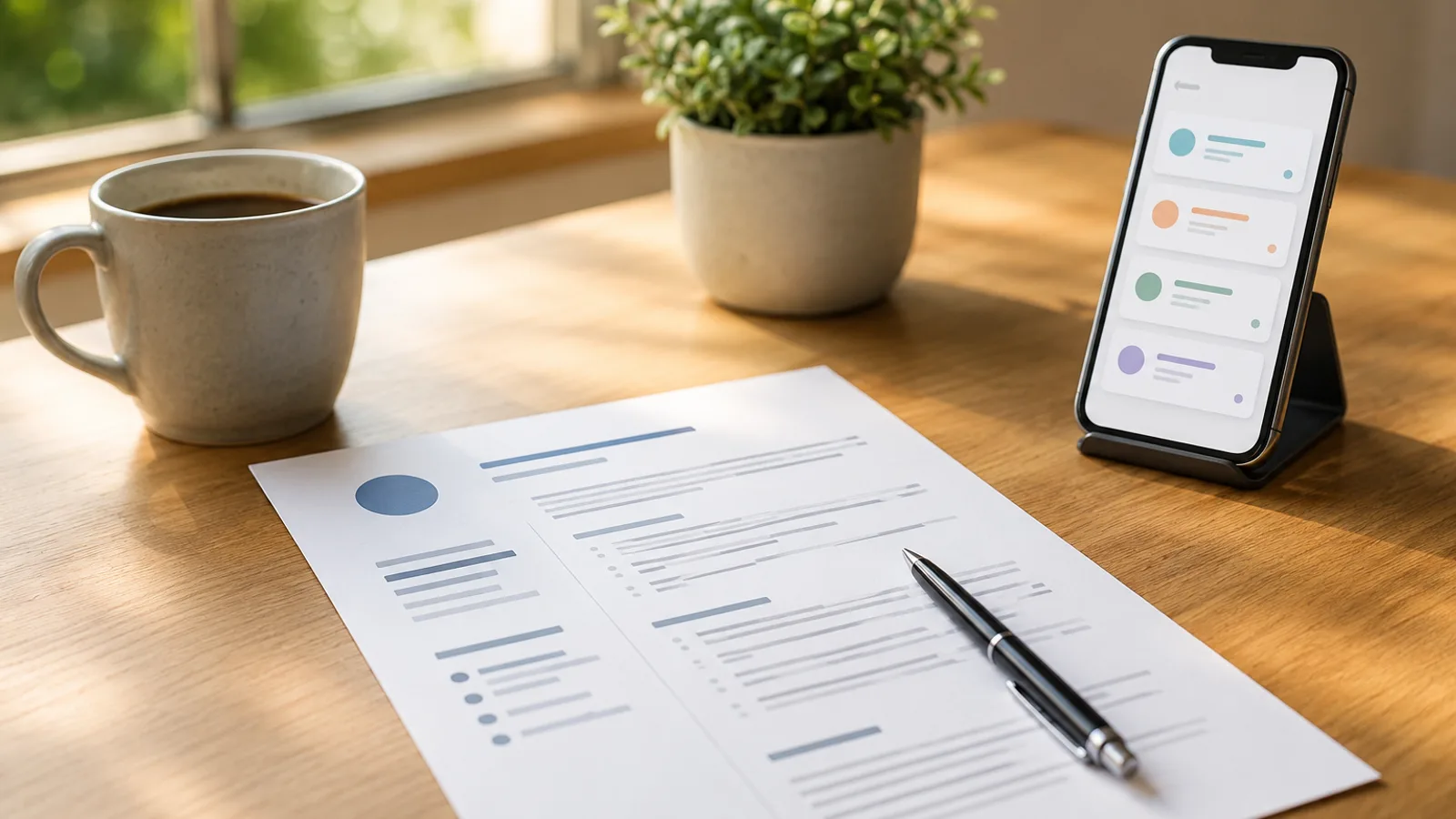 A desk with a printed resume, a pen, and a phone showing a job-search app, lit by morning light.