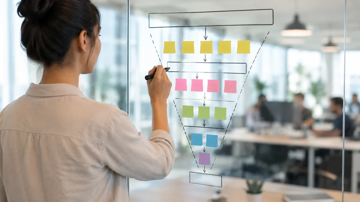 A marketer at a whiteboard mapping a campaign funnel with sticky notes and arrows