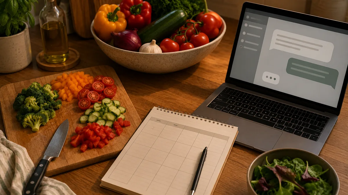 A kitchen counter with chopped vegetables, a handwritten weekly plan on a notepad, and a laptop open to a meal-planning chat