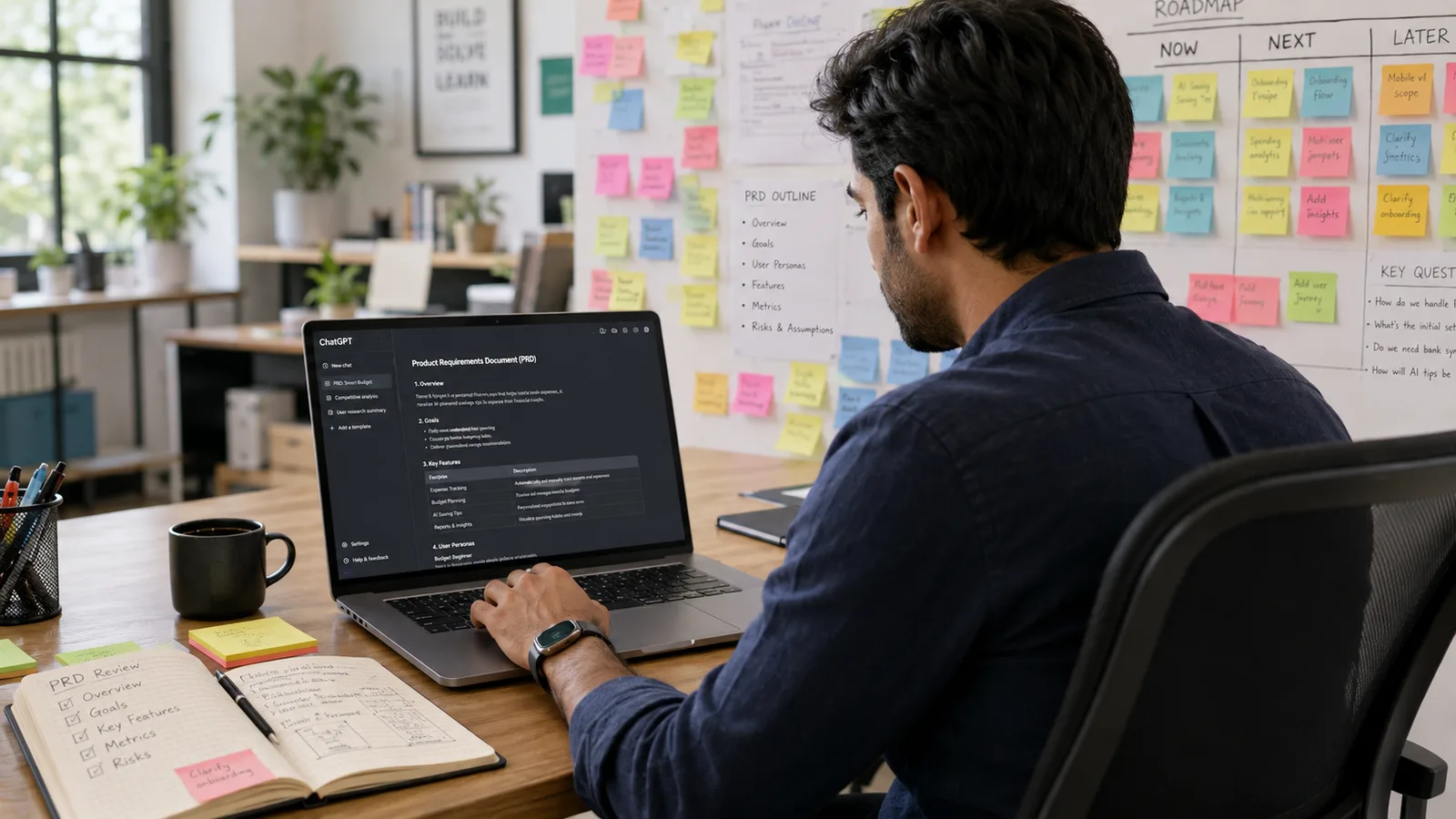 A product manager at a desk reviewing a ChatGPT-drafted PRD on one screen and a roadmap board on another, with sticky notes and a coffee, in a bright modern office