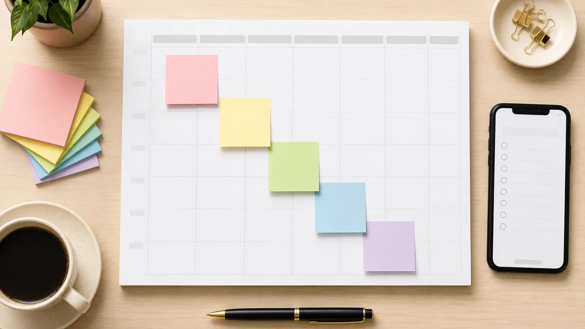 A planner and a laptop showing a weekly schedule, with sticky notes and a pen on a bright desk