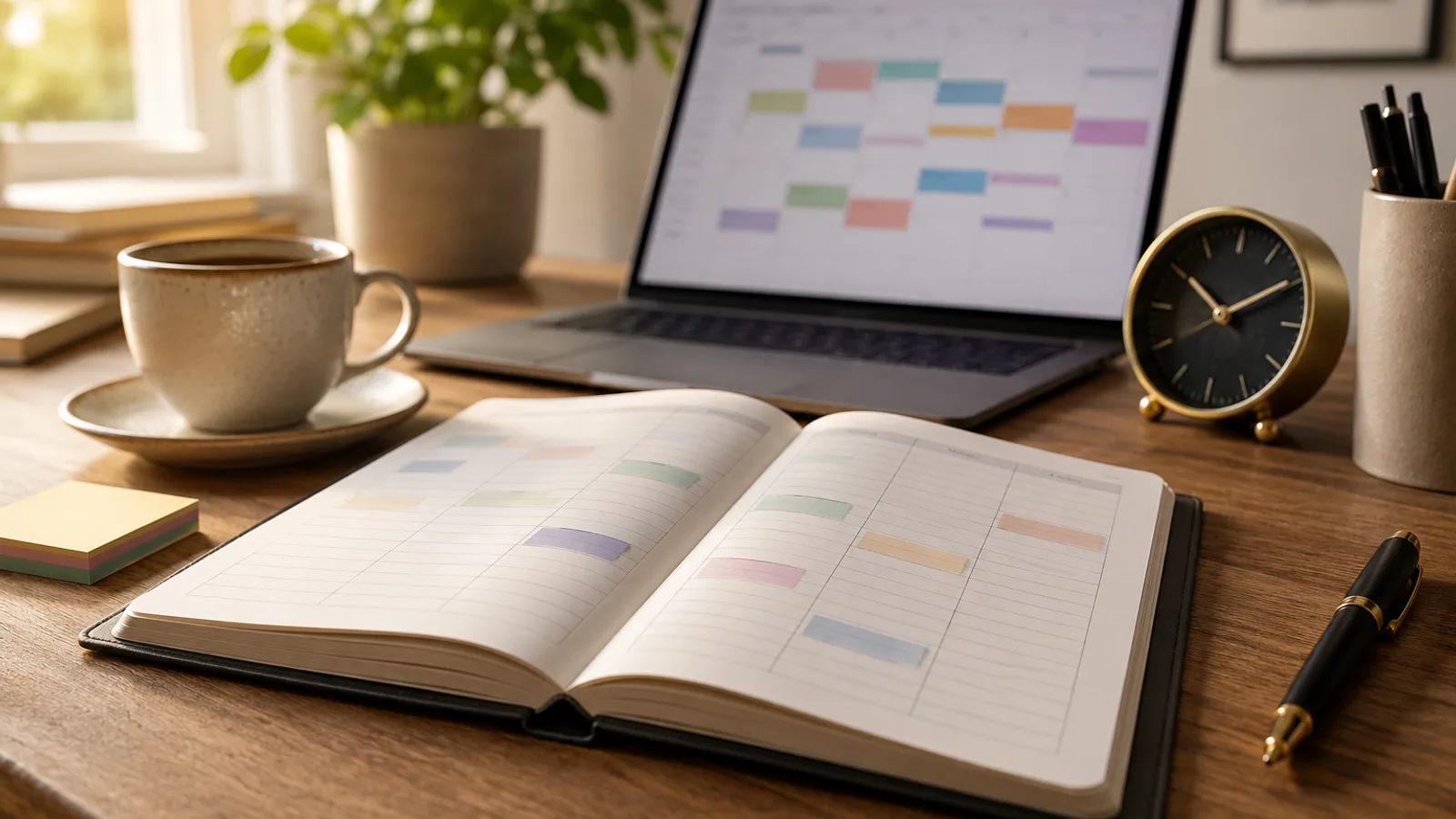 A tidy desk with a planner, a laptop showing a simple schedule, and a cup of coffee in soft morning light.