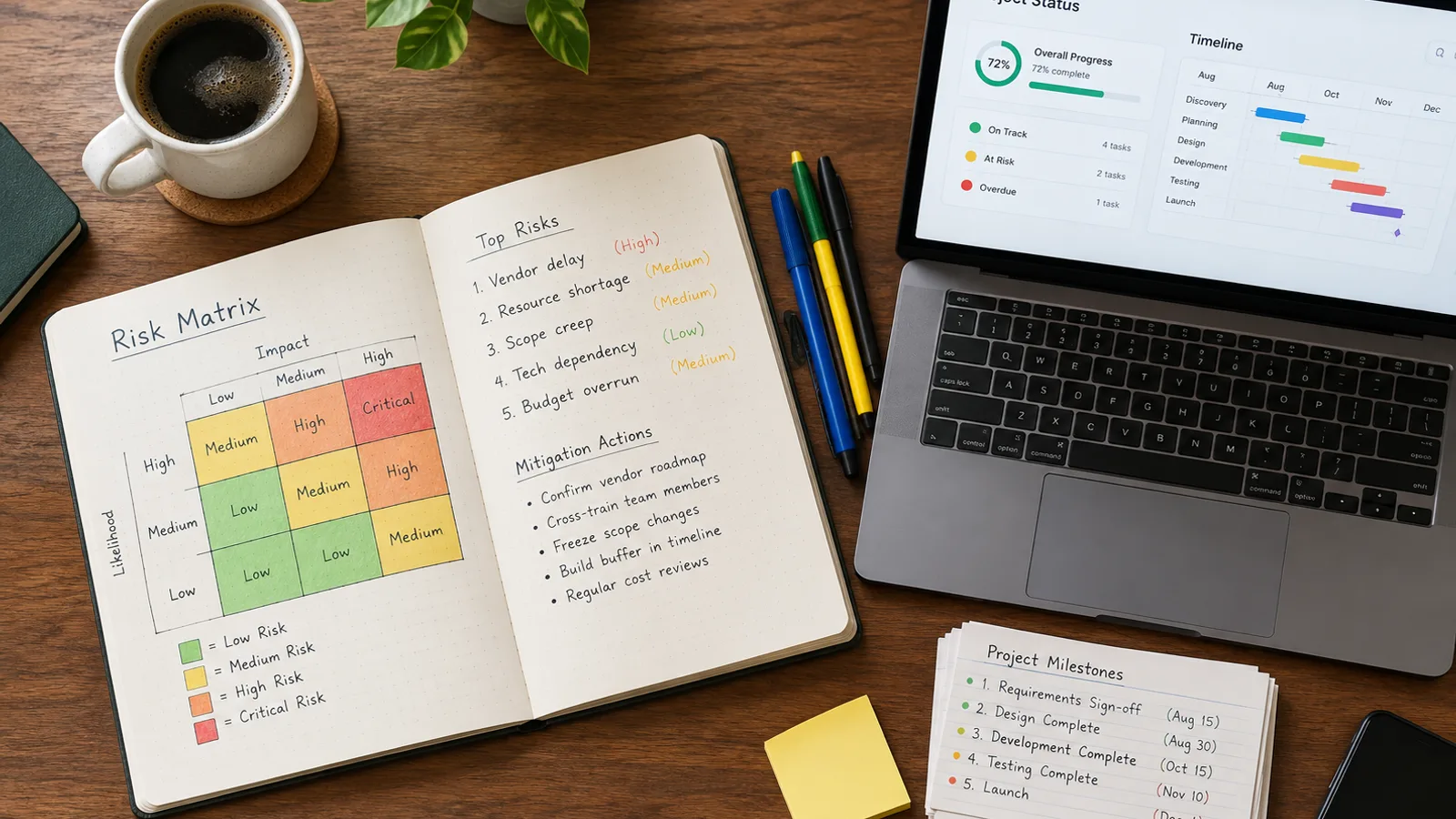 A project manager at a laptop reviewing an AI-drafted risk register, with a Gantt chart and a RACI matrix printed on the desk in a bright office