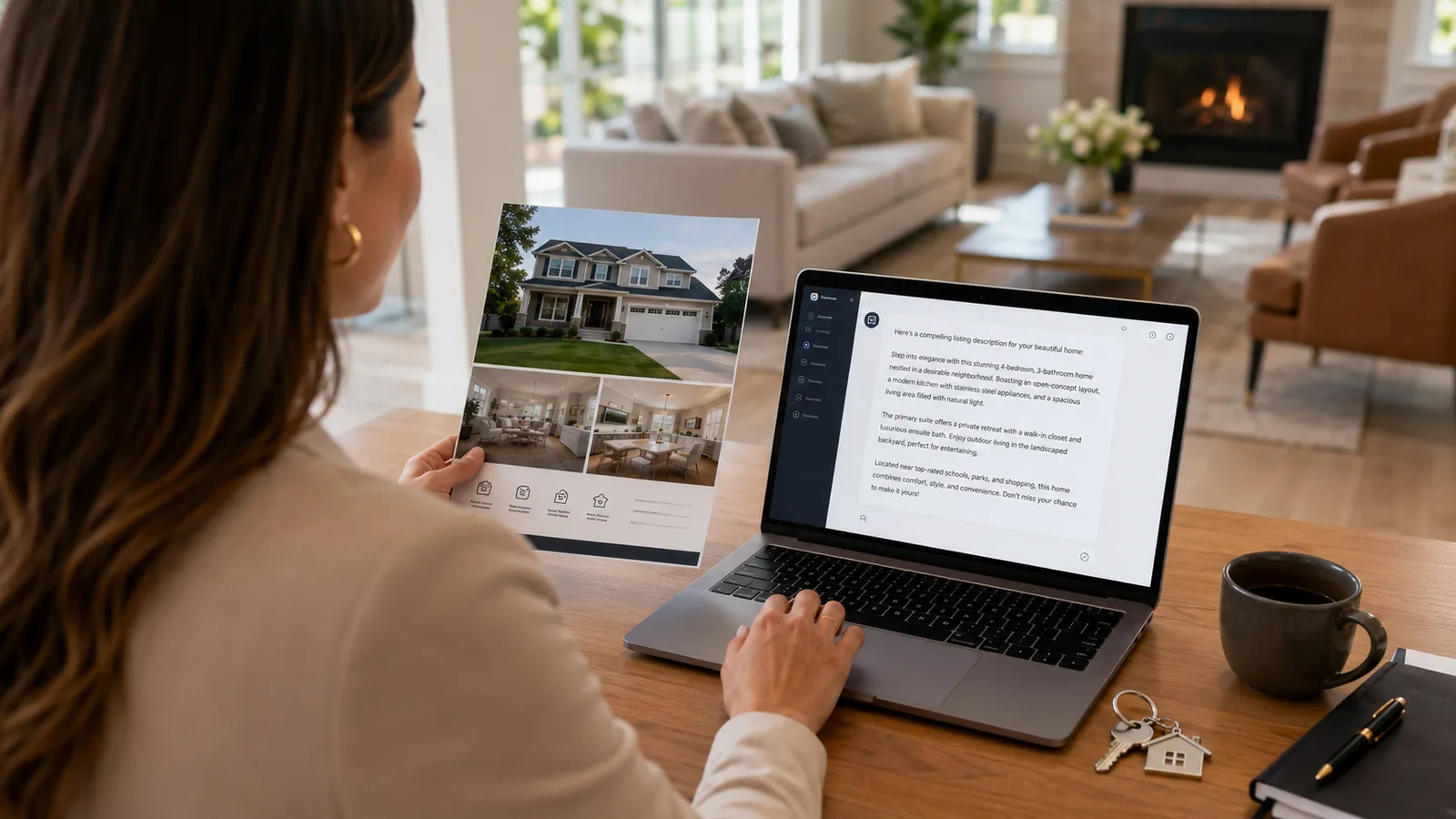 A real estate agent at a laptop reviewing an AI-drafted listing description beside a printed property flyer and house keys on a desk in a bright office
