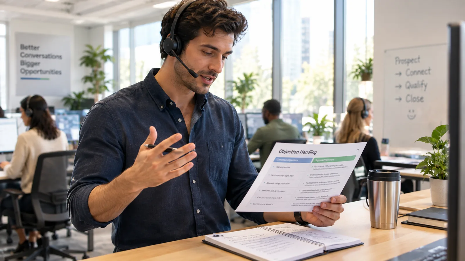 A sales rep standing with a headset on a cold call, glancing at a printed objection-handling cheat sheet and notepad on a standing desk in a bright office