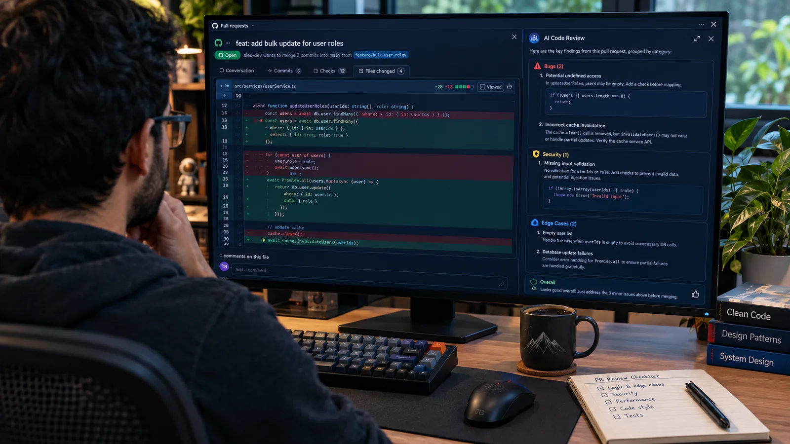 A developer reviewing a pull-request diff on a large monitor with an AI code-review panel listing grouped findings, a mechanical keyboard and coffee on the desk