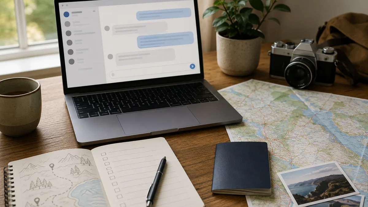 A laptop showing a travel itinerary chat beside a paper map, a passport, and a notebook on a wooden desk