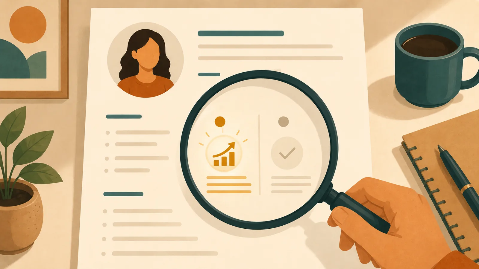 An illustration of a resume being reviewed, with a strong quantified bullet point highlighted beside a weak, generic one.