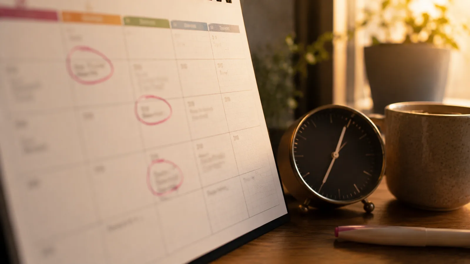 A standing monthly calendar with several dates circled in pink marker, a small desk clock, a marker pen and a coffee mug beside it in warm light