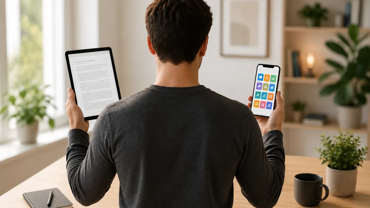 Two laptops open on a desk, one showing a coding assistant and the other a writing assistant