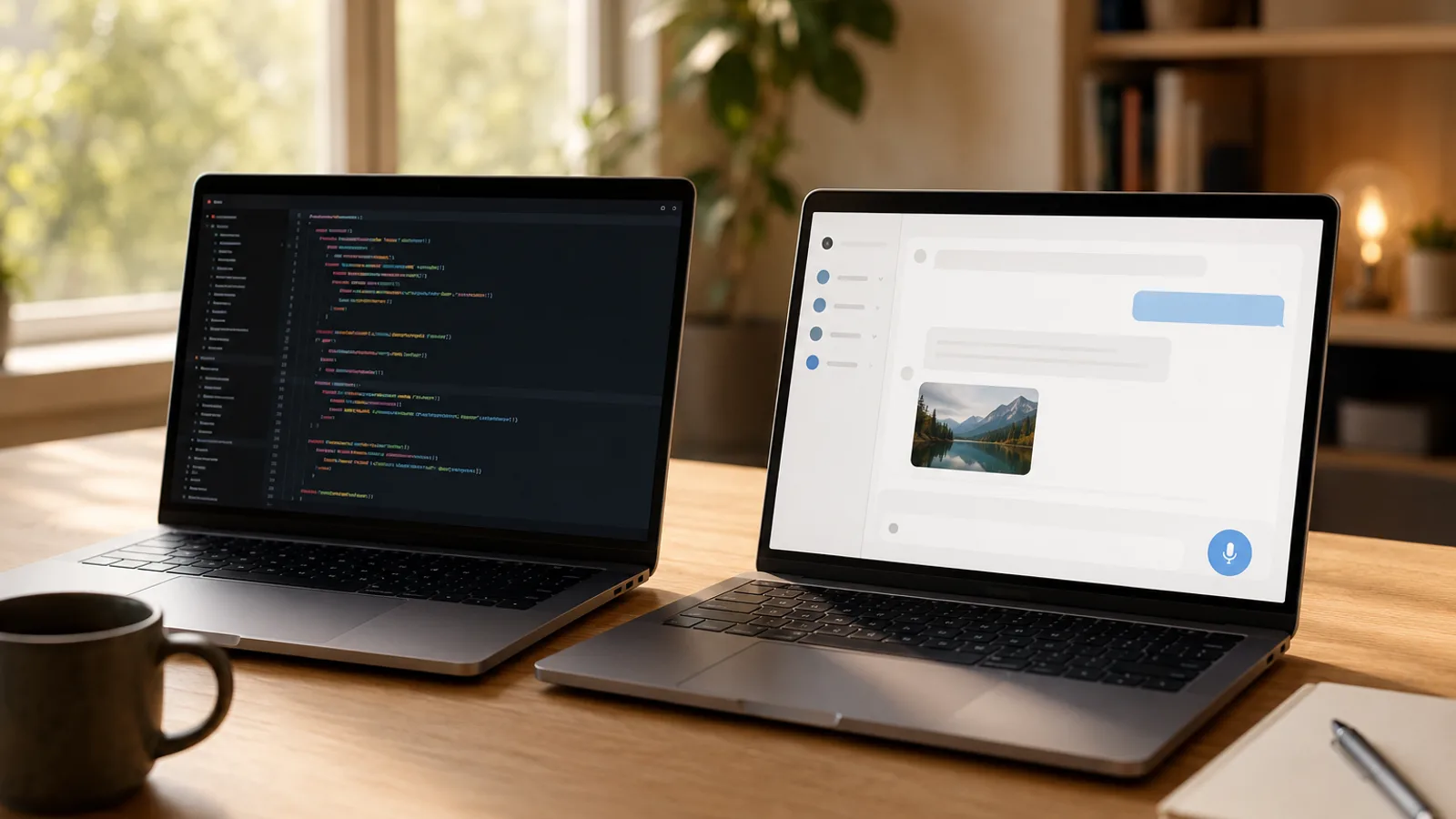 Two laptops side by side on a desk, each showing a different AI assistant interface.