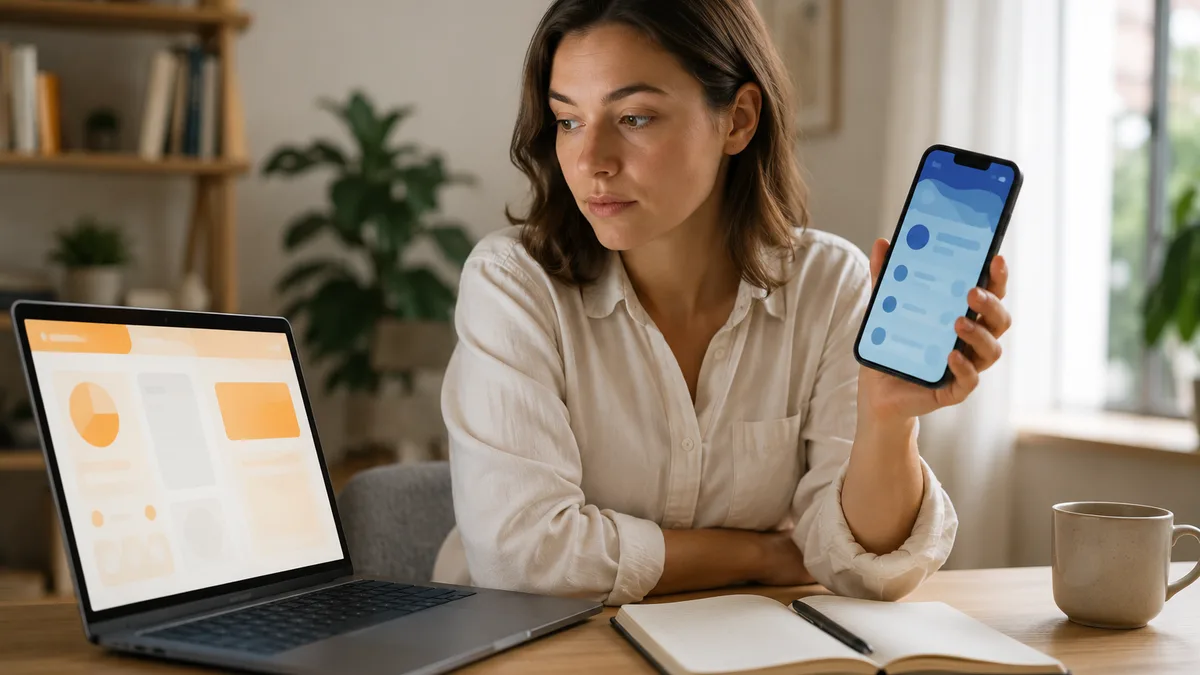 A person at a desk deciding between two AI apps, one open on a laptop and one on a phone