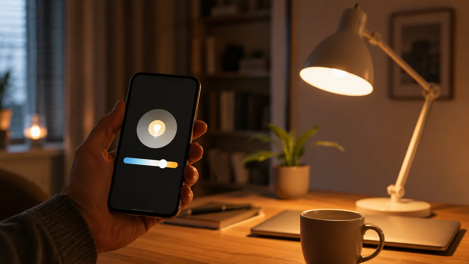 A hand setting a smart bulb's color temperature in a phone app next to a warm-white desk lamp in an evening home office, illustrating scheduling tunable lighting