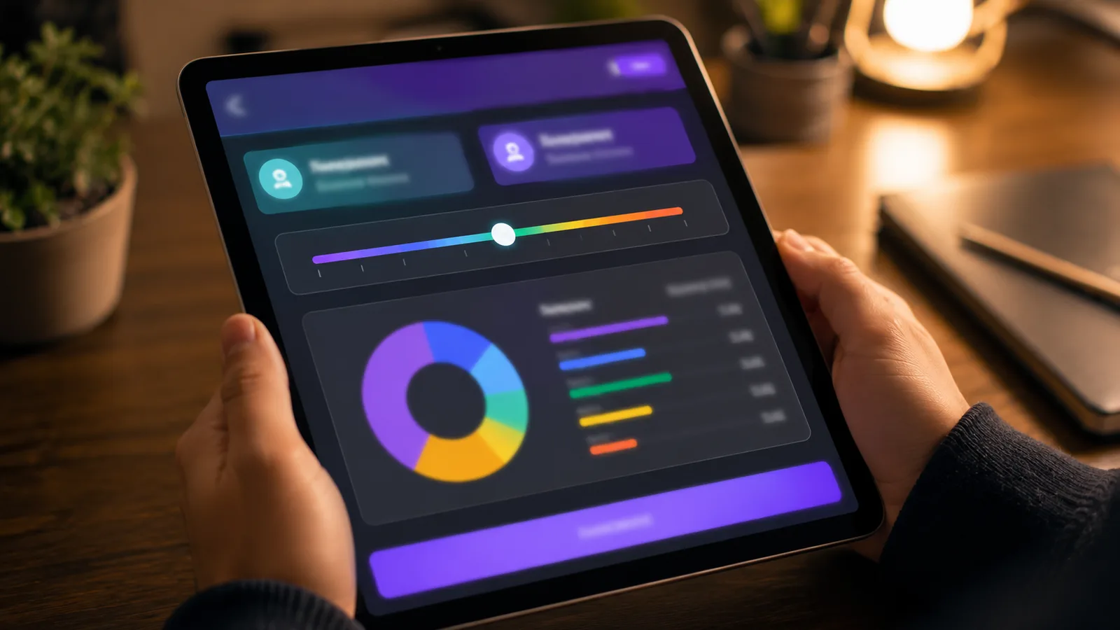 Two hands holding a tablet that shows a colorful interactive dashboard app with a donut chart, a rainbow slider, and colored data bars, on a warm desk