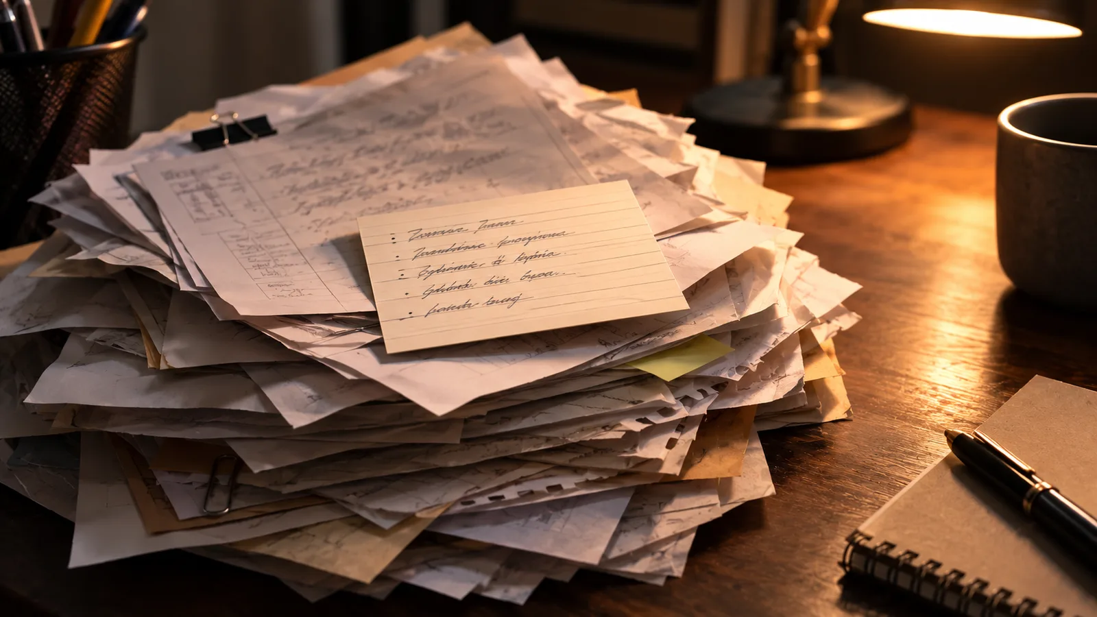 A tall untidy stack of loose papers on a dark desk with one short handwritten summary card resting on top in sharp focus, under warm lamp light