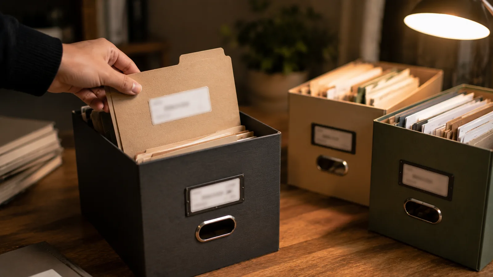 A hand placing a labelled folder into one of three open archive boxes on a wooden table under a desk lamp, each box kept separate