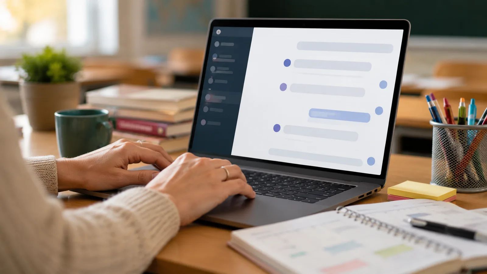 A teacher at a laptop preparing lesson materials with a chat assistant open on the screen, in a bright classroom