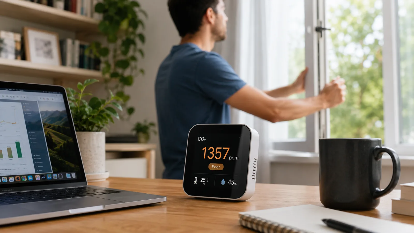 A CO2 monitor on a home-office desk reading around 1,300 ppm next to a laptop, with a window being opened in the background to bring the number down