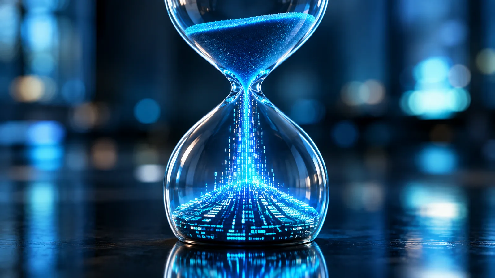 An hourglass whose falling sand turns into glowing lines of code, representing the time an AI coding agent saves