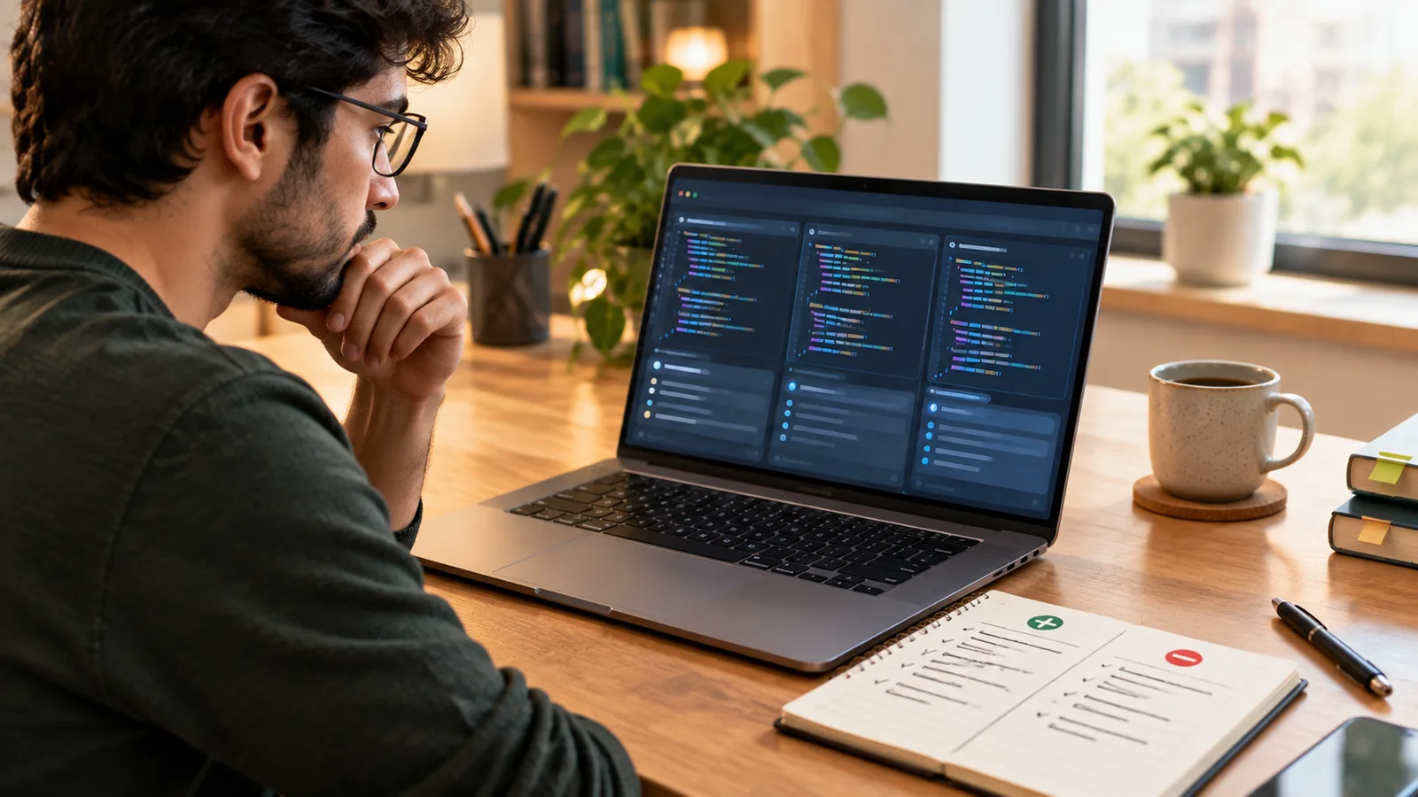 A developer at a desk comparing coding tools on a laptop with a handwritten pros-and-cons list beside it