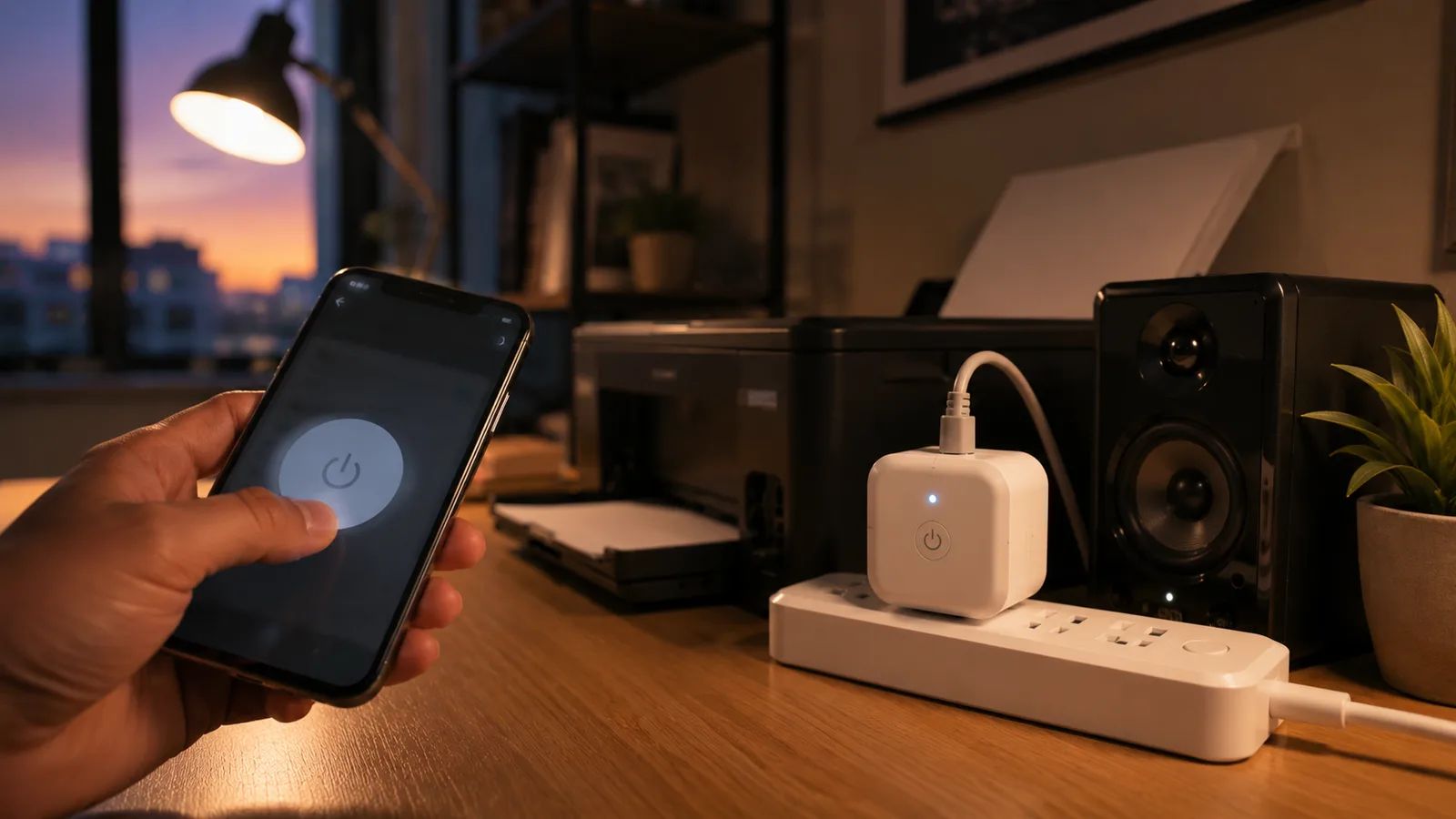 A hand using a phone to switch off a smart plug powering a desk with a printer and speakers, illustrating scheduling idle office gear off to save money