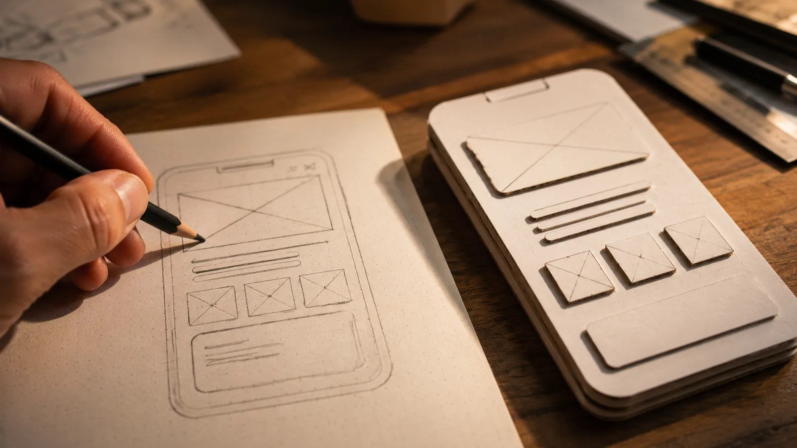 A hand sketching a phone-app wireframe in pencil in a notebook, beside a matching cardboard prototype of the same layout