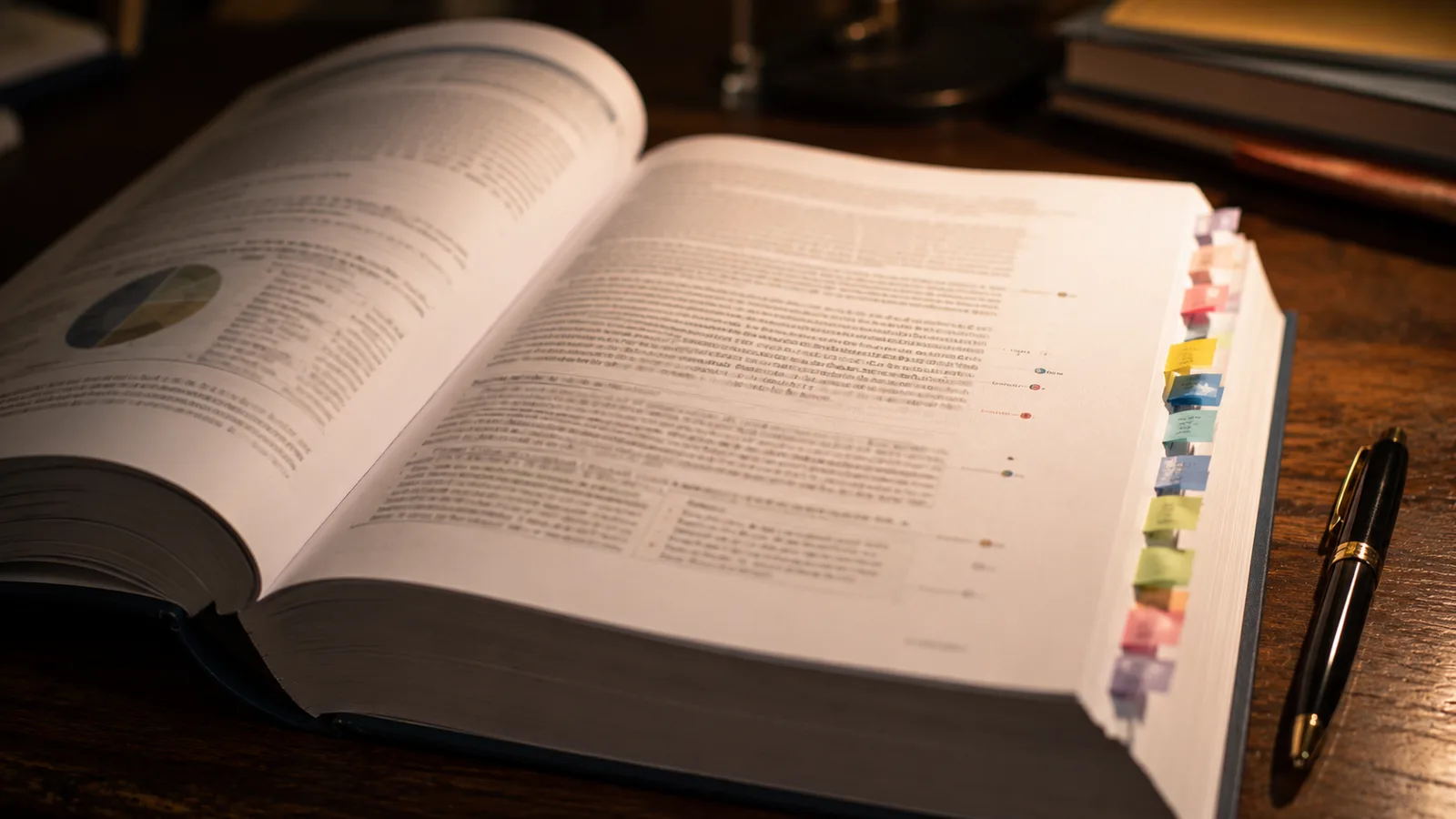 A thick open research report on a warm wooden desk with colorful index tabs down the side and a pen resting beside it