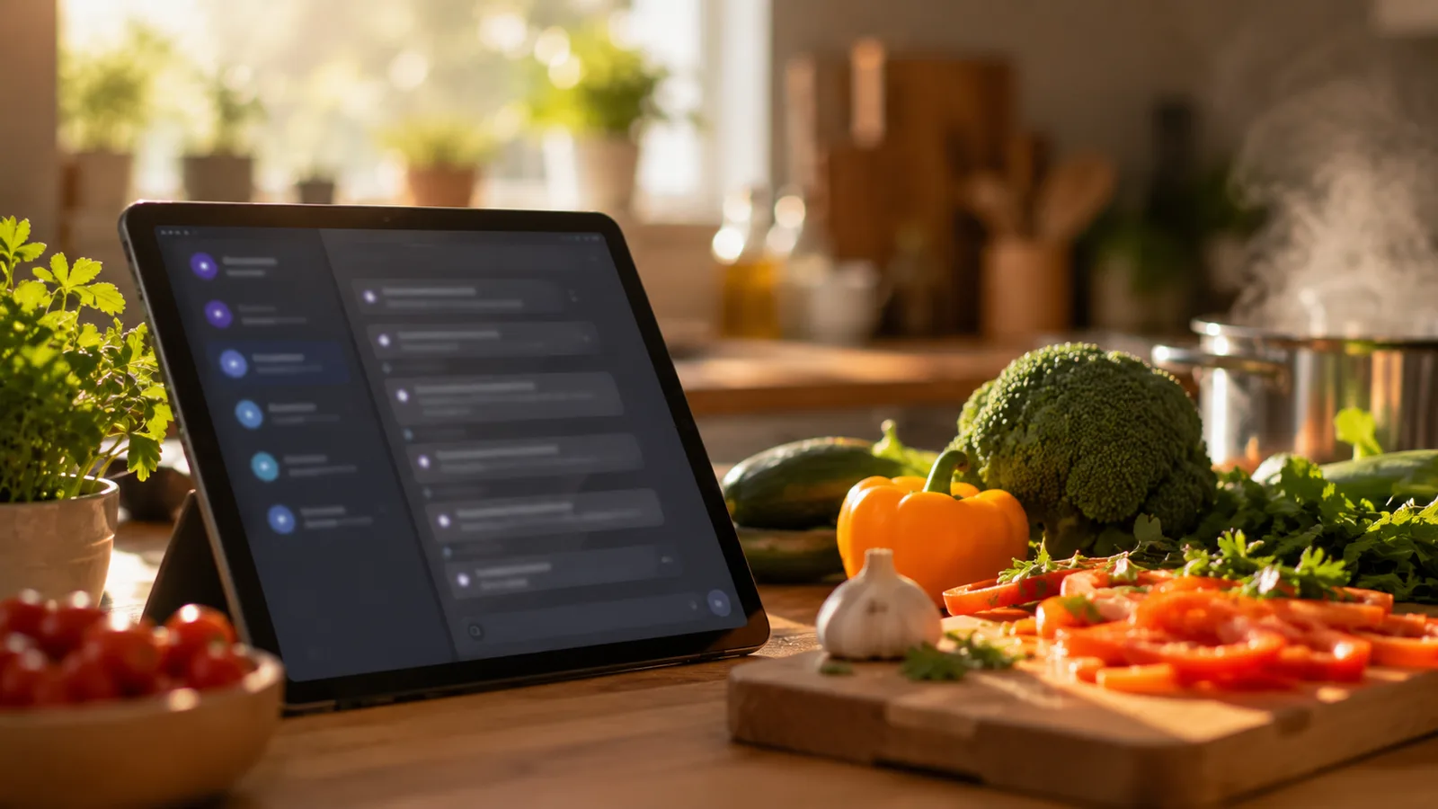 A tablet propped on a sunlit kitchen counter beside fresh vegetables and a cutting board, showing a blurred chat assistant helping with cooking