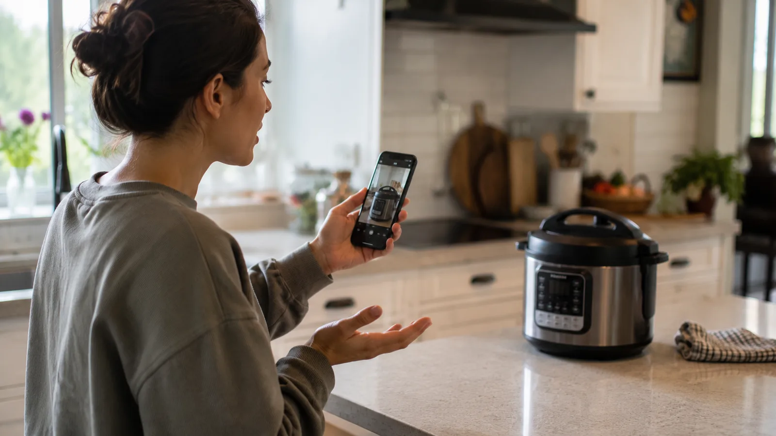 A person holding a phone in a kitchen, pointing its camera at an appliance while talking to Gemini Live for help