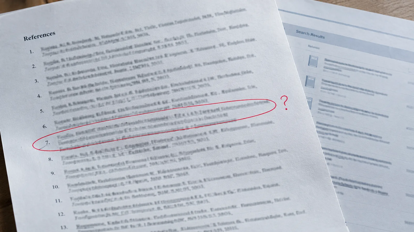 A printed reference list headed References, with the seventh entry ringed in red pen and a red question mark beside it, lying on a second printed sheet headed Search Results