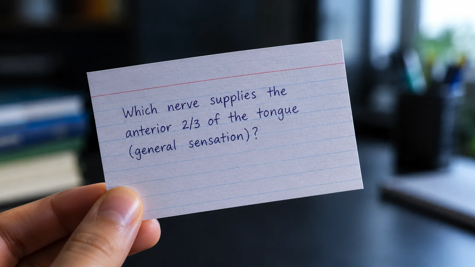 A hand holding a revision flashcard that reads "Which nerve supplies the anterior 2/3 of the tongue (general sensation)?", with the answer side turned away from the camera