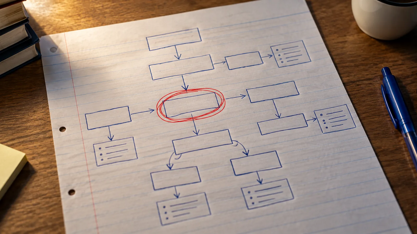 A hand-drawn flowchart in blue biro on lined paper, boxes linked by arrows with one box circled twice in red, on a wooden desk beside a pen and a stack of books
